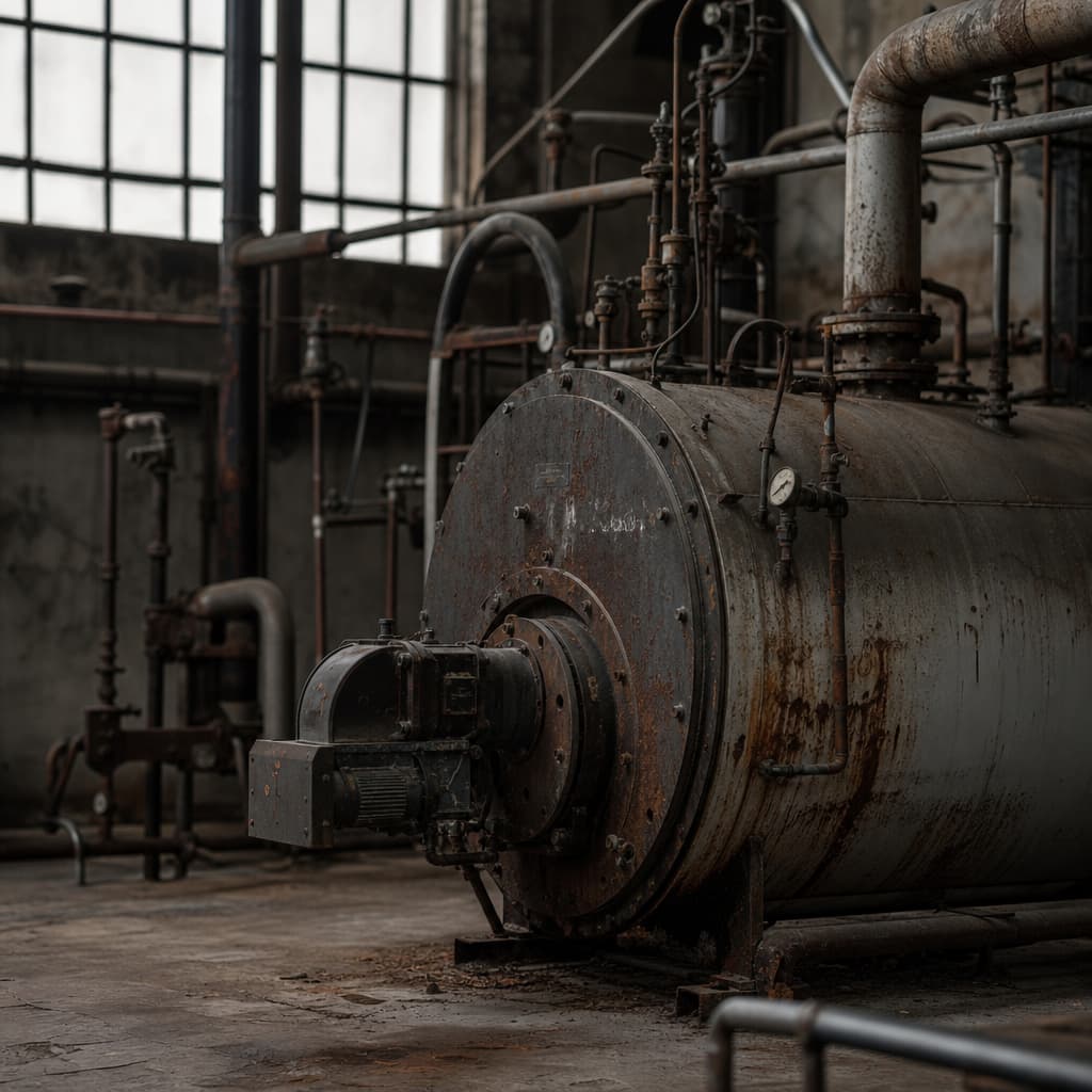 Alte industrielle Kesselanlage mit Rohrleitungen