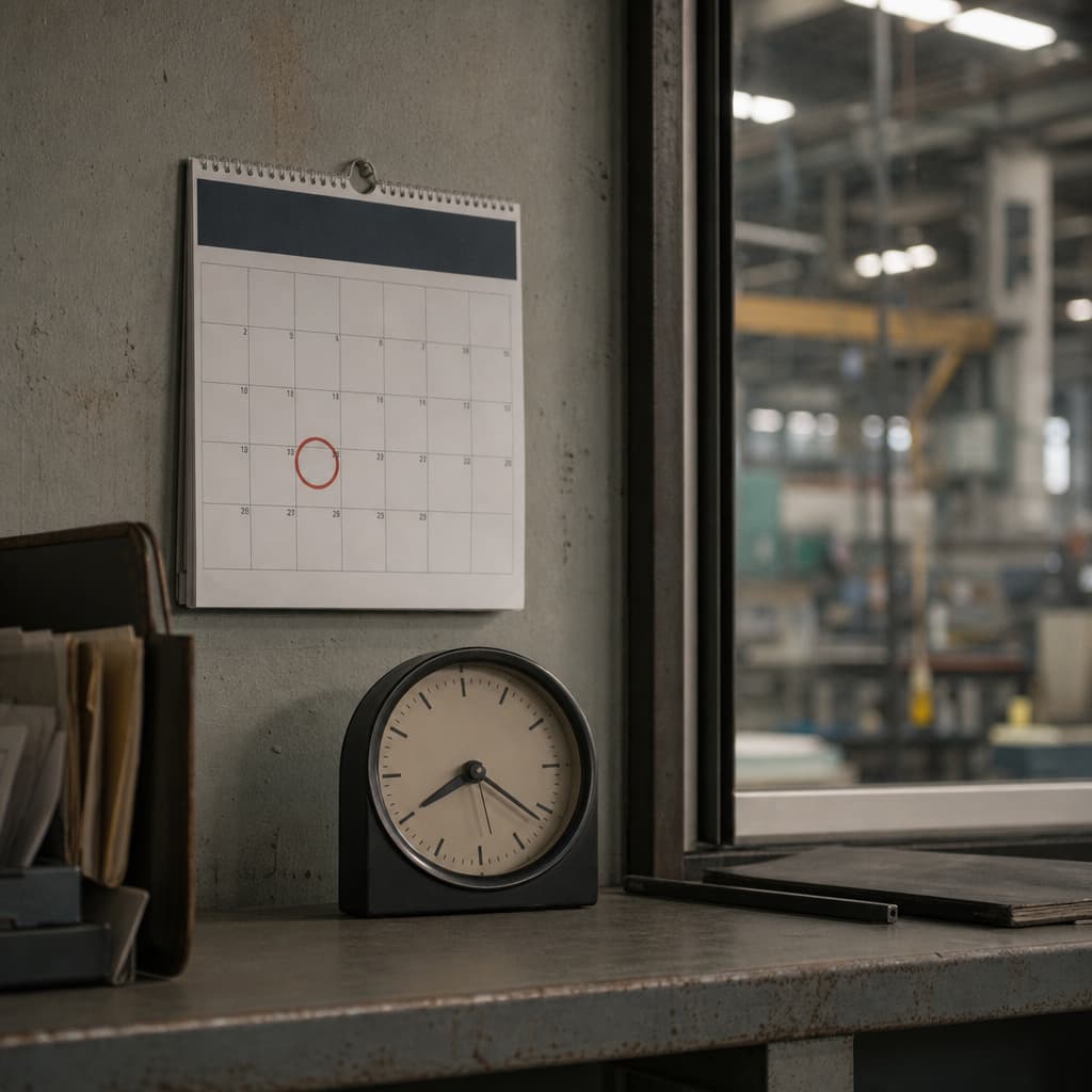 Wandkalender mit markiertem Termin über einer Werkhalle