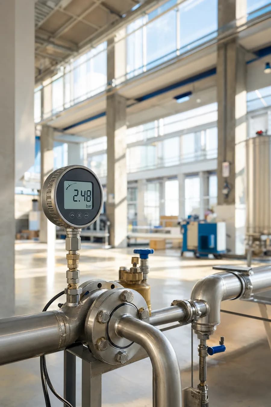 Ein modernes Rohrleitungssystem mit digitalem Manometer in einer hellen Werkshalle